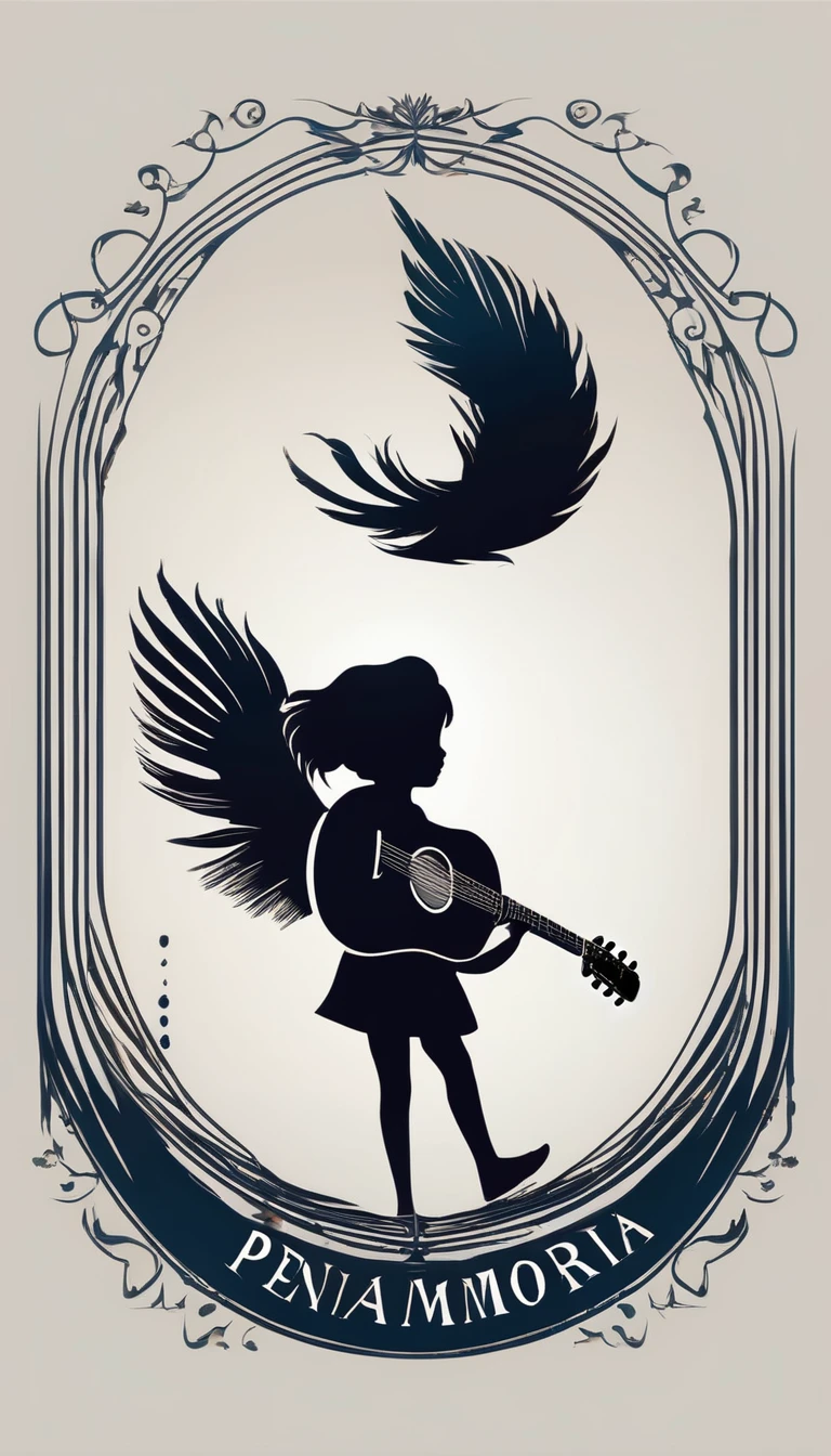 A minimal, modern, simple, cinematic logo design for the brand “Penamemoria". The logo design must be a simple, silhouette of a boy, standing up, playing acoustic guitar and fantasy feather by his side. The logo must convey a sense of music, stories, memories and dreams. Logo design impressed on a book cover. Minimalistic logo. Light blue, white and soft golden as colors for the logo design