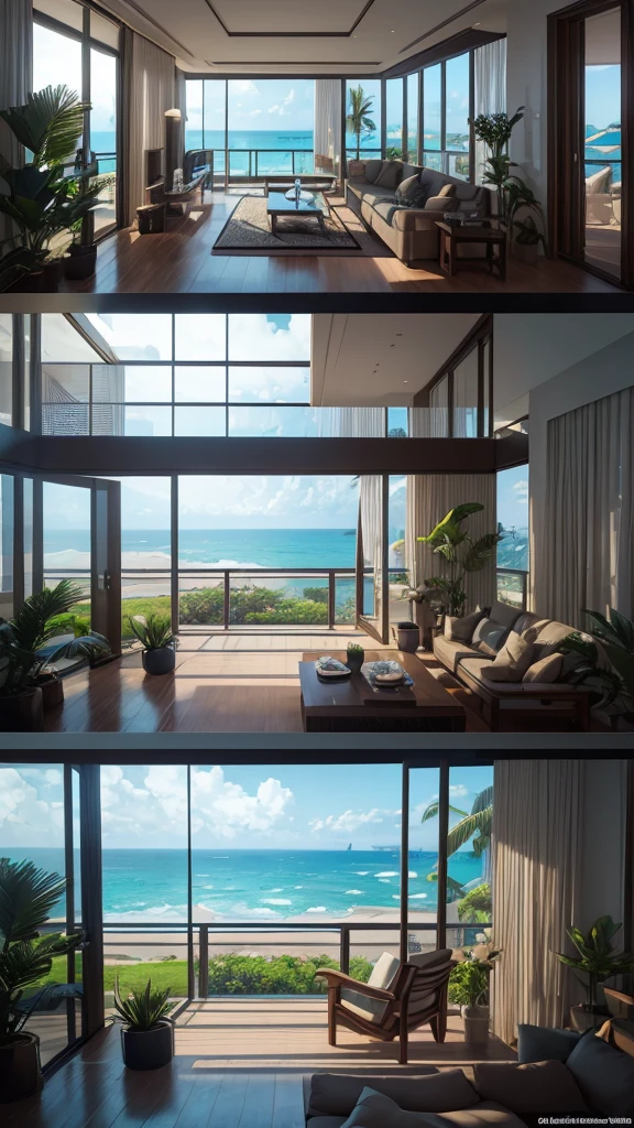 (masterpiece,Highest quality:8K) Close-up of a living room with large windows and ocean view, Relaxing environment, Tropical regions, HDR Rendering in Unreal Engine 5, Unreal Engine 5 8k rendering, Unreal Engine 5 rendered, Summer Unreal Engine 5, Close to real nature, Realistic Unreal Engine 5, Detailed Unreal Engine 5 Rendering, Luxurious surroundings, Highly realistic Unreal Engine