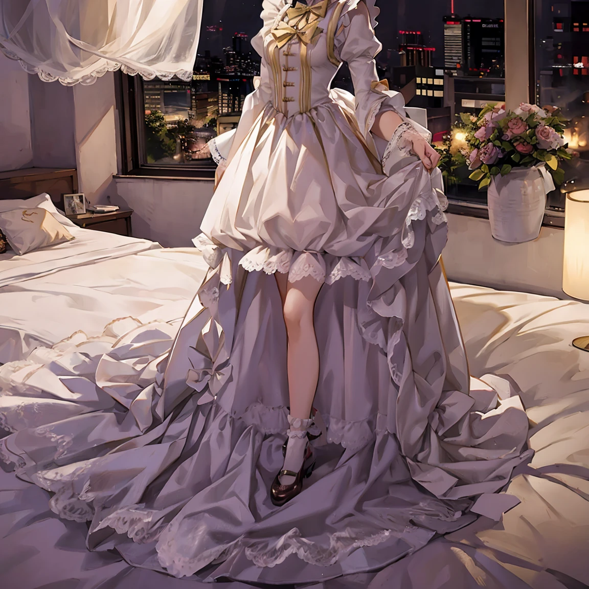 Slim woman wearing glasses、Show your underwear、Sheer lace underwear、Long maid outfit、Mami Tomoe、smile、Bedroom、Are standing