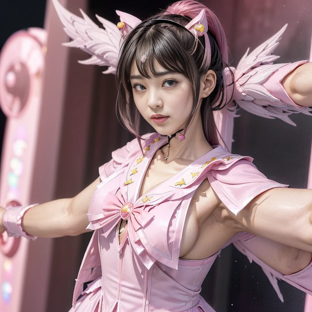 Highest quality, masterpiece, Very detailed, 8K, 14 year old beautiful Japanese woman:1.5, Small face, blunt bangs, Black hair ponytail, ((Woman crucified on the cross:1.5, Breast Augmentation Surgery)), (Detailed pink magical girl heroine costume:1.5), remote_play, remote_Vibrate、 (climax:1.5)