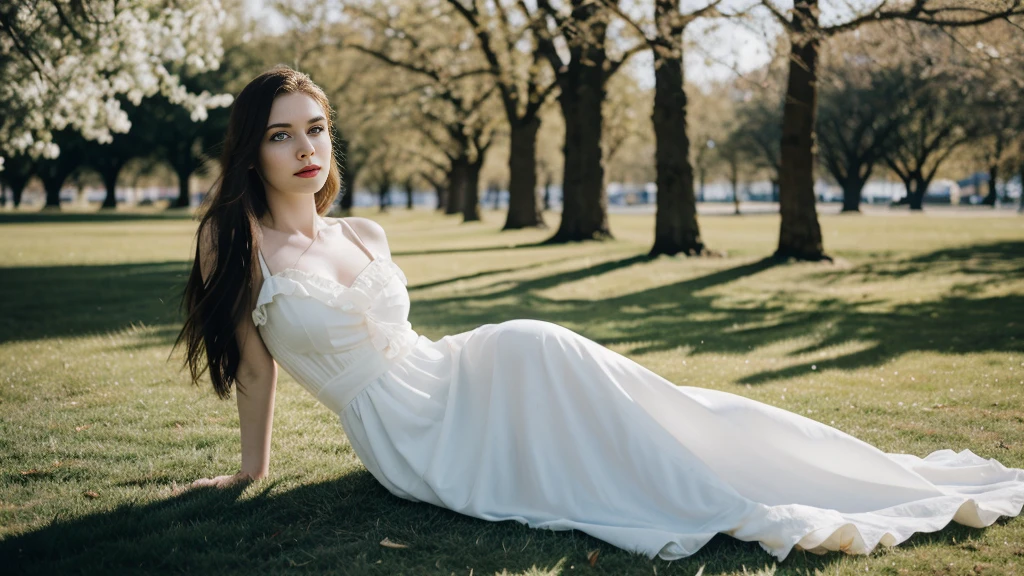 an icelandic woman with beautiful Delicate eyes, Beautiful and delicate lips, Extremely detailed face and skin, Pale skin, 23 years old,Wearing a long dress with spaghetti straps，plump bust，high heels, medium long shot, Sitting on the grass in the park, beautiful light and shadow， panoramic view, (long legs), (full body portrait). Beautiful photography，Long eyelashes, Good anatomy , Practical skin texture, Delicate eyes, professional, 4K, Wide-angle lens, Optical Depth of Field, Kodak Vision Color, Perfectly proportioned body, Extremely detailed, ultra-photoPractical, Practical, Post-Processing, Maximum details, Roughness, real life, ultra -Practical, Photorealism, photography, 8K Ultra HD, photography