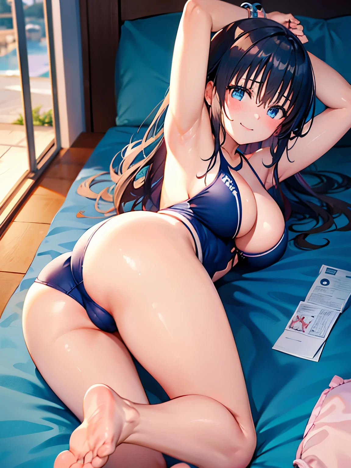 Only one woman、Pale pink school swimsuit、Yuri hair ornaments、Beautiful feet、Big Breasts、Blue Eyes、Silver Hair、Left wrist Sports Watches、smile、Thighs Tattoo、Seaside Sunset、Armpit showing pose Looking back、barefoot