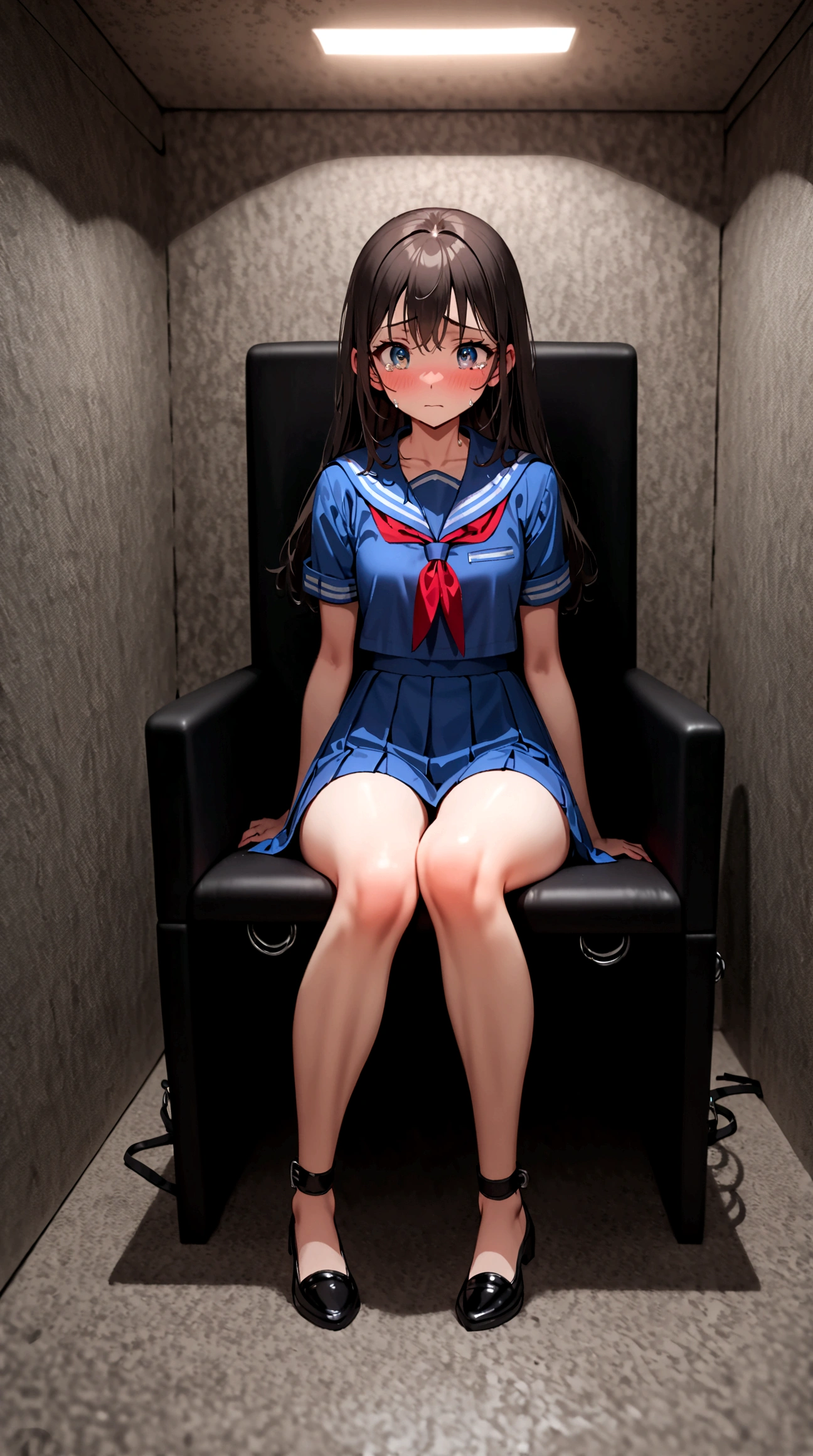 2 girls, ((inside tiny room, strapped to chairs)), (sitting:1.5), (bondage chair:1.5), (blushing:1.5), (open legs:1.5), (crying:1.3), (teary eyes:1.3), ((basement, metal room)), (((3 girls, group of girls))), (inside torture room), arms to sides , wrist cuffs, ankle cuffs, (((worried, teary eyes, struggling))), ((short sleeve,  sailor uniform, tight clohing)), arms to sides, long hair, dark hair, saphire eyes, perfect body, perfect face, detailed face, detailed eyes, 16K