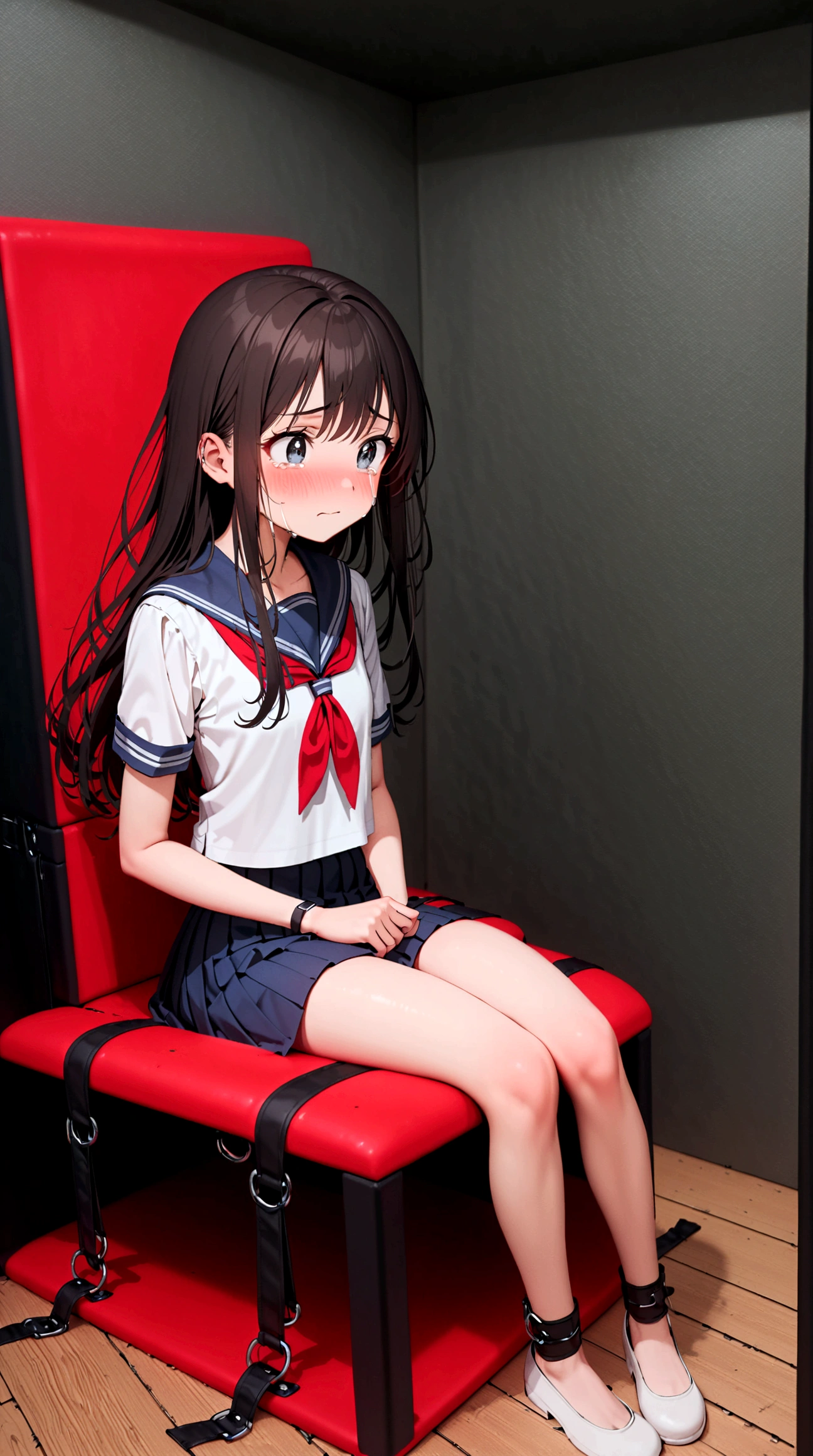 2 girls, ((inside tiny room, strapped to chairs)), (sitting:1.5), (bondage chair:1.5), (blushing:1.5), (open legs:1.5), (crying:1.3), (teary eyes:1.3), ((basement, metal room)), (((3 girls, group of girls))), (inside torture room), arms to sides , wrist cuffs, ankle cuffs, (((worried, teary eyes, struggling))), ((short sleeve,  sailor uniform, tight clohing)), arms to sides, long hair, dark hair, saphire eyes, perfect body, perfect face, detailed face, detailed eyes, 16K