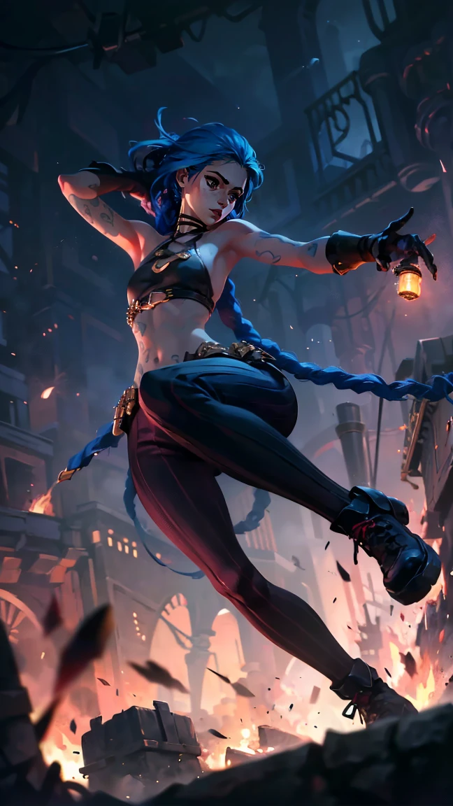 (masterpiece, Best quality), 1 girl, portrait, very sexy, crazy look, smile, crying, pink tears, tears on the cheeks, tears from eyes, full length (full body 1.1.), очень feminine, fighting stance, battle, fire, explosions, burning city, Beautiful waist, gloomy composition, flame, fire, Flash, very beautiful, feminine, long hair, hair braided in long braids, very sexy, tight leather pants, emphasis on the eyes, face accent, Beautiful face, Hands, Hair, Haired ponytail, red purple eyes, Джинкс crying, Blue cloud tattoo, (masterpiece, Best quality), Side lighting, beautiful detailed eyes, crazy face), (Best quality), (masterpiece), magic photography, Spectacular lighting, Photorealism, ultra detailed, интимная portraitная композиция, 1. 4,8 k UHD, aesthetic, Cd., A high resolution, 8 k, better lighting, Best shade, Ultra-HD, A high resolution, sharp focus, Complex background, Cinematic lighting, ((Landscape view)), 4K block, (better lighting), ((Cinematic lighting)),