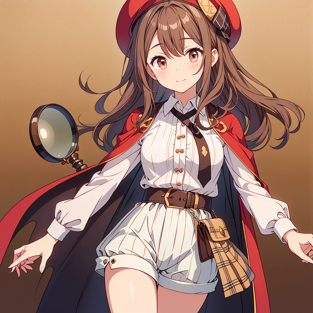 Brown Check Beret、A cape with the same pattern as the hat、White shirt and shorts with the same pattern as the hat、magnifying glass、Detective、