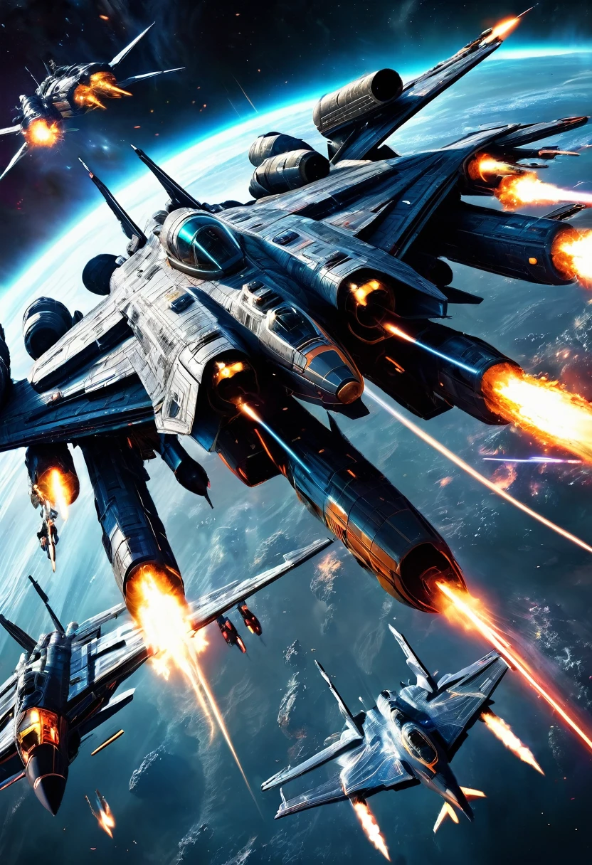 A vast and epic space battle, futuristic spaceships engaged in an intense interstellar conflict, explosions and energy beams lighting up the dark void of space, fighter pilots maneuvering with precision, a dramatic and cinematic scene of cosmic warfare, highly detailed and photorealistic, digital art, muted color palette with neon accents, dramatic lighting and contrasts, moody and atmospheric