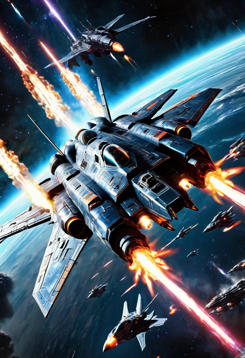A vast and epic space battle, futuristic spaceships engaged in an intense interstellar conflict, explosions and energy beams lighting up the dark void of space, fighter pilots maneuvering with precision, a dramatic and cinematic scene of cosmic warfare, highly detailed and photorealistic, digital art, muted color palette with neon accents, dramatic lighting and contrasts, moody and atmospheric