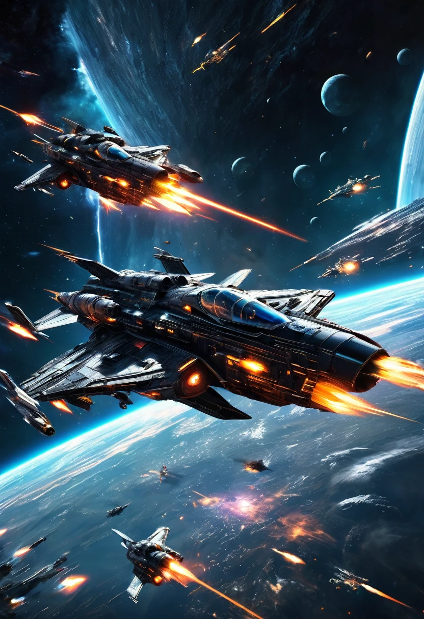 A vast and epic space battle, futuristic spaceships engaged in an intense interstellar conflict, explosions and energy beams lighting up the dark void of space, fighter pilots maneuvering with precision, a dramatic and cinematic scene of cosmic warfare, highly detailed and photorealistic, digital art, muted color palette with neon accents, dramatic lighting and contrasts, moody and atmospheric