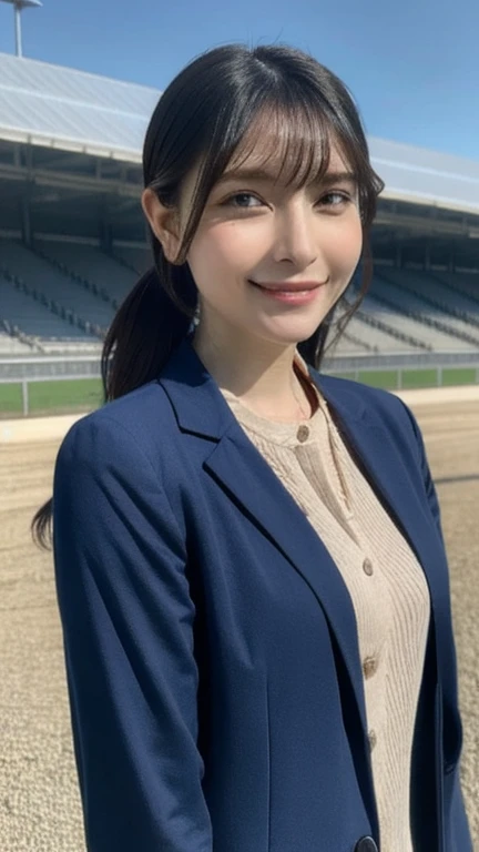 8k, best quality, masterpiece, realistic, ultra detail, photo realistic, Increase quality, 
a photo of a girl standing at a racetrack, voluminous mass, photobash, serene faces, jagged edges, navy, natural beauty, close-up shot, Wearing a stylish yet professional outfit, suitable for a television presenter, such as a blazer and blouse, she is smiling quietly
