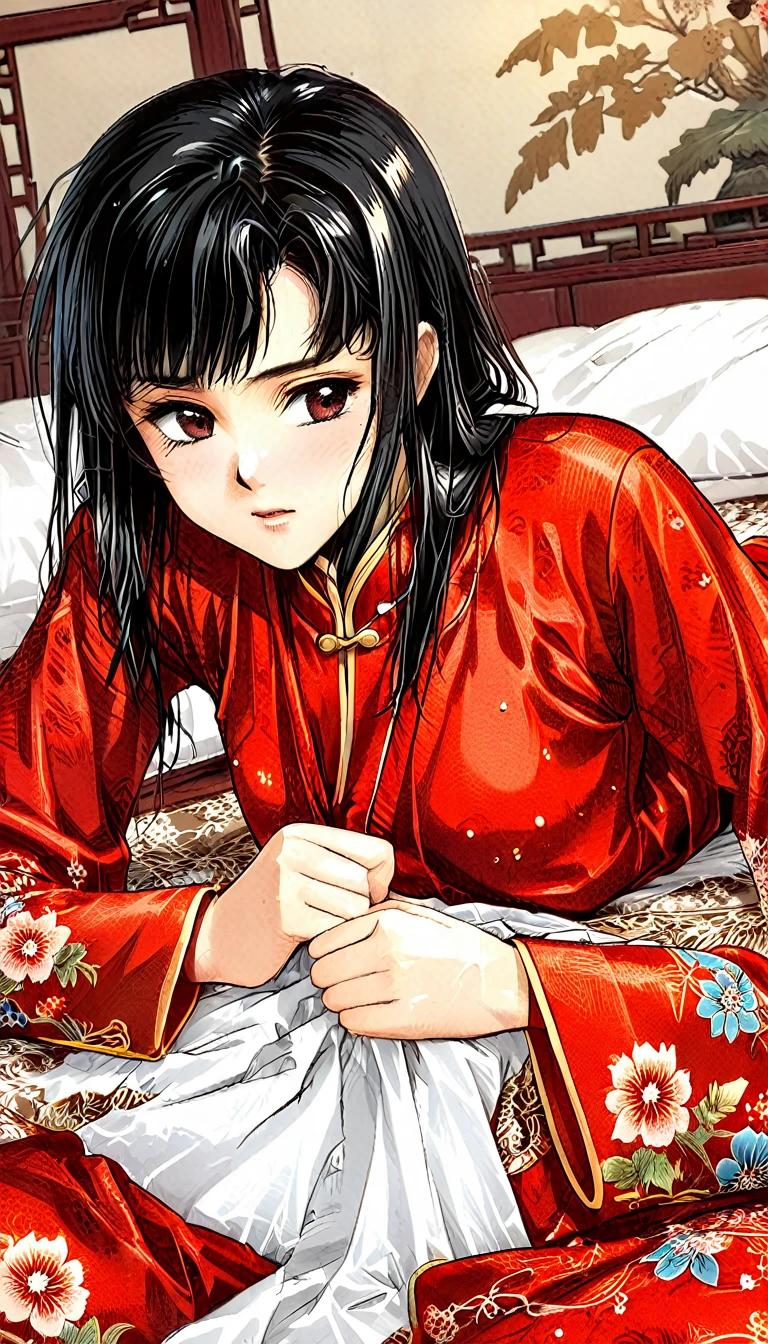 A tragic historical drama in 8k live-action style: Beautiful palace secrets　Beautiful  Chinese Kung Fu girl with long black hair has very rough unwanted sex with old man emperor　Gorgeous embroidery, Ultra glossy, She is wearing a shiny red top and bottom long sleeve floral pajama kung fu suit....　　She was laid down on a floral futon、She gets washed by an old man