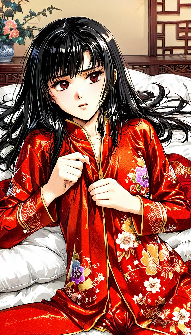 A tragic historical drama in 8k live-action style: Beautiful palace secrets Beautiful 10 year old Chinese Kung Fu girl with long black hair has very rough unwanted sex with old man emperor Gorgeous embroidery, Ultra glossy, She is wearing a shiny red top and bottom long sleeve floral pajama kung fu suit.... She was laid down on a floral futon、She gets washed by an old man