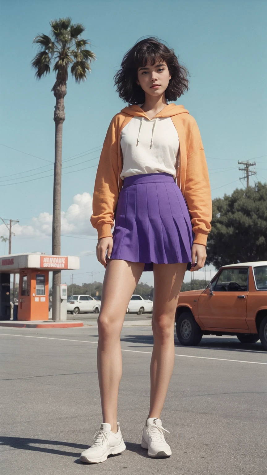 ultra detail, 8k portrait ((long shot full body photography)) ((best quality)), ((masterpiece)), (detailed), perfect beautiful face ,25 yo beautiful women ((orange color oversized hoodie)), wear ((purple tennis skirt)), ((perfect natural breast)) perfect face, perfectly eyes, perfect lips, black bob hairstyles ,found footage, retro, 90's, old photo, photo noise, old photo, retro, masterpiece, raw photo, film photo, old, noisy photo, in front of the camera, casual photo, grain photo, in front of the camera, VHS footage, VHS look, chromatic aberration( low chromatic aberration), film footage, grainy photo, dirty photo, posing, retro photo, vintage photo, old, 90's, ((background at old 80's gas station California)),palm trees, blue sky, summer, los angles vibes, film by ((Wes Anderson style effect color)), 800mm lens,style of Philip Lorca diCorcia