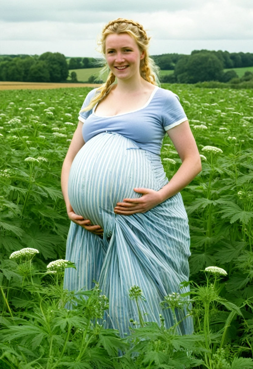 England, 1349. A young pregnant ((((30-year-old)) Gwenda)), strong, rustic, in a farm field between growing Sosnowski's hogweed, ((scared and relieved expression)). ((((clothings from the 1340s)))), ((blond hairstyle of the 1340s))