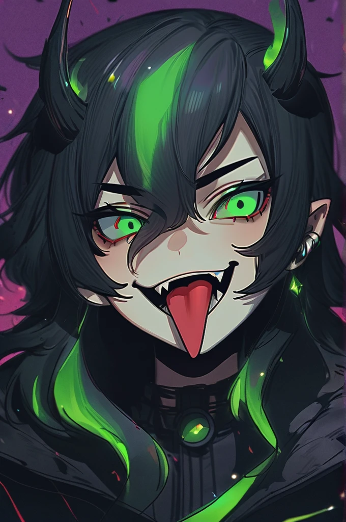 ((Лучшее качество)), ((шедевр)), (подробный), xpro devil girl, bright green eyes, thin black eyebrows, thin black eyeliner, fiery long red wavy hair, piercing, two small horns, long sharp tongue, shows tongue vampire fangs, portrait, (portrait:1,9), attention to detail, crystal, rocker style, (rocker style:1,9)