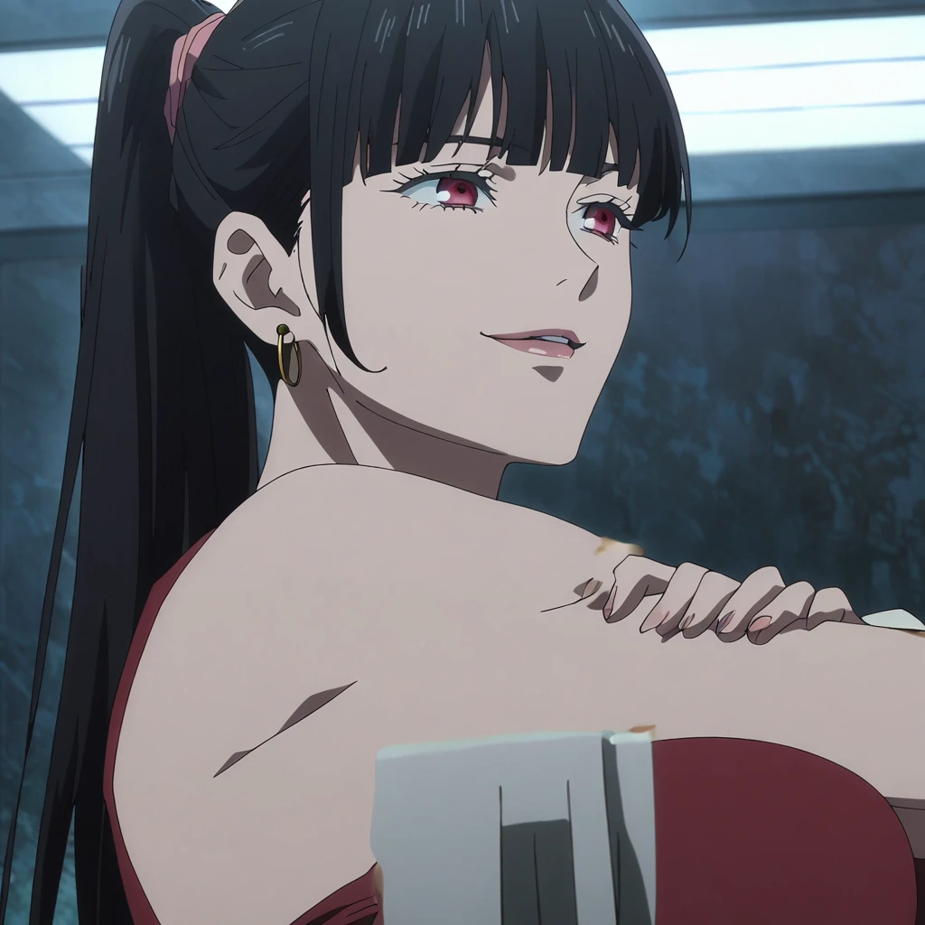 1girl, female gojo satoru, anime screencap from jujutsu kaisen, gojo satoru female version, solo, long_hair, Red eyes ((Black_hair)), night view, (hanging breasts) upper_body, smile, indoors, book, red_eyes, lips, (high ponytail) ((wearing red crop top)) breast, "very detailed and high resolution" (Red eyes) (cross arms) ((long hair)) ((solo)) (front view) (earings) ((high resolution)) ((good quality)) ((side bangs))