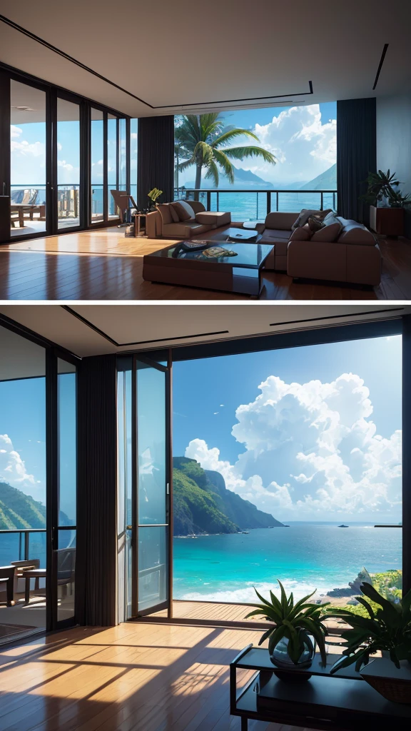 (masterpiece,Highest quality:8K) Close-up of a living room with large windows and ocean view, Digital rendering by Android Jones, Trending on pexels, Maximalism, Relaxing environment, Tropical regions, HDR Rendering in Unreal Engine 5, Unreal Engine 5 rendered, Unreal Engine 5 8k rendering, Summer Unreal Engine 5, Close to real nature, Realistic Unreal Engine 5