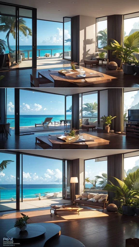 (masterpiece,Highest quality:8K) Close-up of a living room with large windows and ocean view, Digital rendering by Android Jones, Trending on pexels, Maximalism, Relaxing environment, Tropical regions, HDR Rendering in Unreal Engine 5, Unreal Engine 5 rendered, Unreal Engine 5 8k rendering, Summer Unreal Engine 5, Close to real nature, Realistic Unreal Engine 5