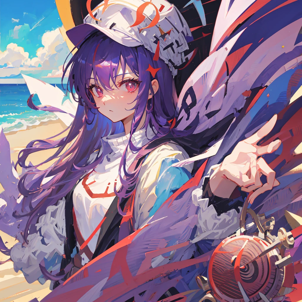 masterpiece, best quality, purple hair, red eyes,, beach hat