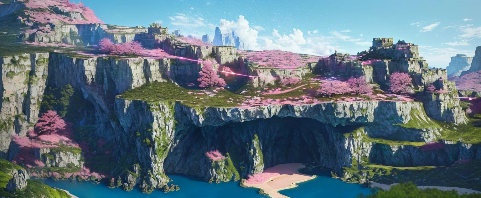Ultra-detailed fantasy scene, 4K, Ultra HD, Huge layered rocks,The top of the rock is flat,There is a cave below,There is pink vegetation on it,and green grass and trees, The water is crystal clear, Photography lights, Real photos of the hospital