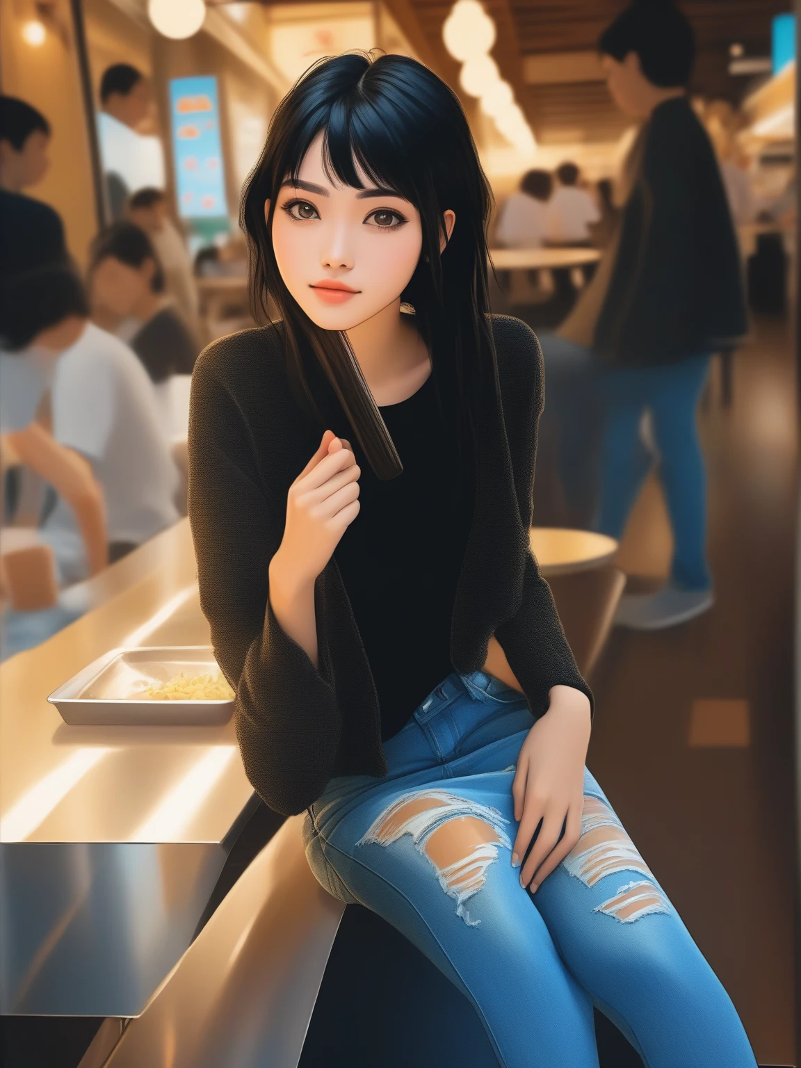 a pretty short black hair young woman in a cafeteria, wearing black t-shirt and light-blue denim pencil skirt, sitting, detailed facial features, intricate clothing textures, warm lighting, realistic japanese anime style, vibrant colors, 8k, highly detailed, masterpiece