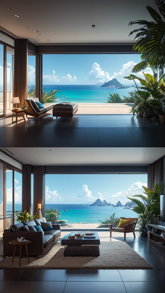 (masterpiece,Highest quality:8K) Close-up of a living room with large windows and ocean view, Digital rendering by Android Jones, Trending on pexels, Maximalism, Relaxing environment, Tropical regions, HDR Rendering in Unreal Engine 5, Unreal Engine 5 rendered, Unreal Engine 5 8k rendering, Summer Unreal Engine 5, Close to real nature, Realistic Unreal Engine 5