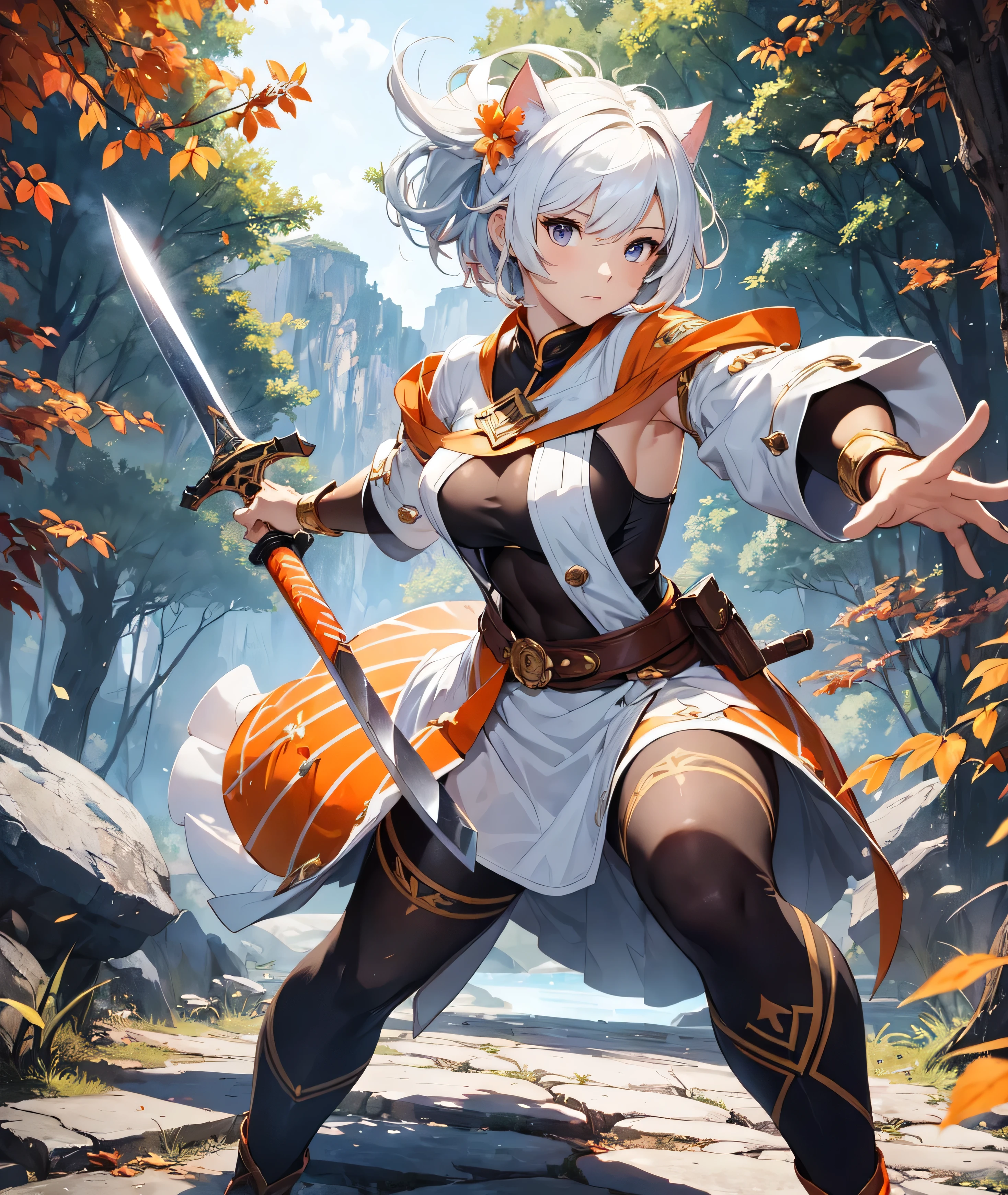 beautiful and delicate girl, clear and beautiful, Make your character the main point of view, glowing skin, female, 20 years old, Short hair, shortcut, Short hair, Beautiful and delicate glass hair, 칼을 휘두르는 female warrior 포즈, 크고 colorful swords, weapon, Attack moves to defeat enemies, full body pose, two handed sword, big knife, colorful swords ((greek costume, 2 Costume colors, white background, Orange 패턴)) ((Clothes color White background, Orange 패턴)) ((Double color, White, Orange)) ((Use only two colors of clothing, White, Orange))beautiful and delicate eyes, Orange 눈, moderate chest, Orange 눈, real skin texture, Very nice 8KCG wallpaper, Very cool 8K CG wallpaper, Watercolor (middle), female warrior, 연한 Orange 머리카락, (((upper body cut))), (((Cat's ears dark 노란색))), (((dark, dark 밤, midnight))) (((nature background, mountain, wood))), ((outdoors)) Dynamic fighting stance with a sword, I can see my whole body, angle seen from a distance, Zoom out, 신foot, foot,
