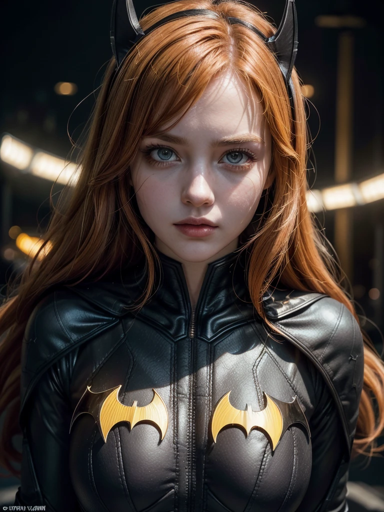 ((Batgirl in a high-tech vigilante costume with the Batman symbol on her chest, orange hair and light eyes, on a dark night in Gotham City, cape flowing in the wind)),(best qualityer,4K,8K,high resolution,work of art:1.2),ultra detali,(realisitic,photorealisitic,photo-realisitic:1.37),detailed facial features,extremely detailed eye and face,long eyelashes,intricate costume details,dramatic lighting,temperamental atmosphere,film composition,((yellow led)), wearing Batman&#39;s hood