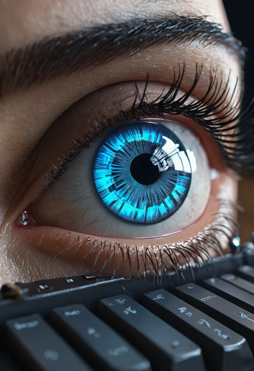 there is a ring with a blue eye on top of a keyboard, eye cyberpunk bionics, cybernetic eye, sci - fi jewellery, sci - fi details, intense sci-fi details, bionic scifi alexandre ferra, robotic eye, cyborg eyes, 8 k high detail concept art, hyper realistic sci fi realistic, dystopian scifi gadgets, glowing mechanical eye