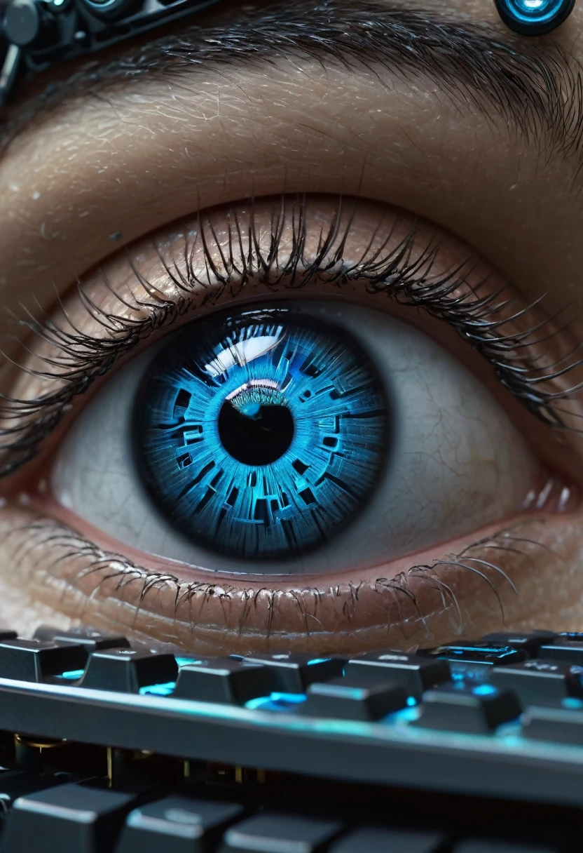 there is a ring with a blue eye on top of a keyboard, eye cyberpunk bionics, cybernetic eye, sci - fi jewellery, sci - fi details, intense sci-fi details, bionic scifi alexandre ferra, robotic eye, cyborg eyes, 8 k high detail concept art, hyper realistic sci fi realistic, dystopian scifi gadgets, glowing mechanical eye