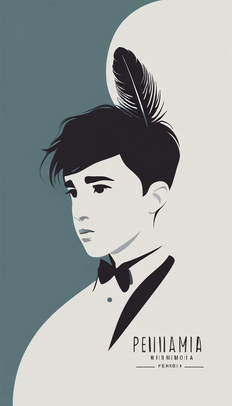 A minimalist, fantastic, poetic, dreamy, captivating, memorable, masterpiece, modern, simple logo design of a boy and a feather for the brand “Penamemoria". The logo must convey a sense of music, stories and dreams. Minimalistic logo design of a boy and a feather.