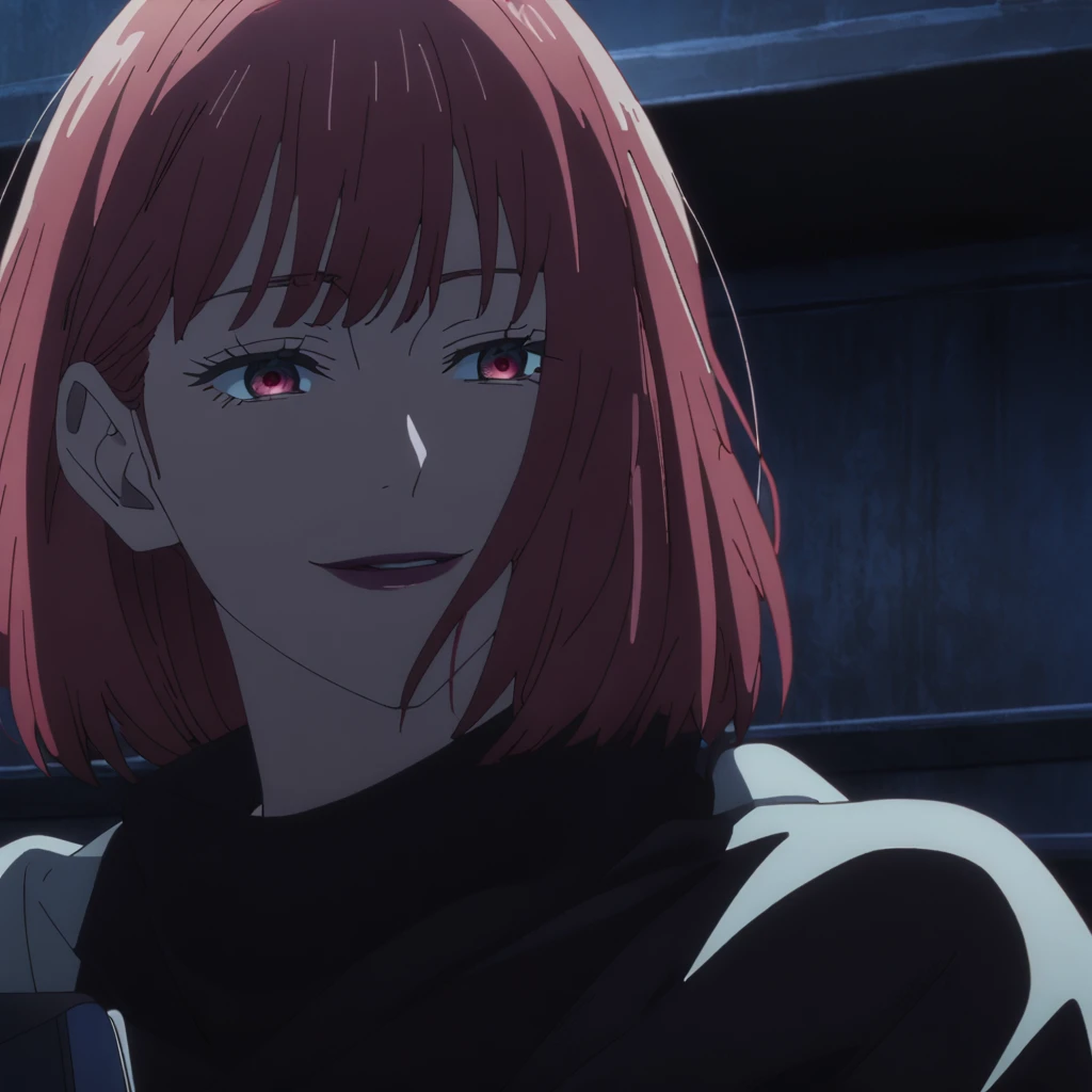 1girl, female gojo satoru, anime screencap from jujutsu kaisen, gojo satoru female version, solo, medium_hair, red eyes ((red_hair)), night view, breasts, upper_body, smile, indoors, book, bangs, red_eyes, lips, ((Draw me a hair style with a Short Layered Wind Blown Shag cut, but the front should be cut to just below my eyes, with parted bangs, but right at the hairline, have a small fringe on both sides, and in the middle, have very short tiny bangs)) wearing an elegant red dress with thin straps, breast, "very detailed and high resolution" (red eyes) ((cross arms)) ((long hair)) ((solo))