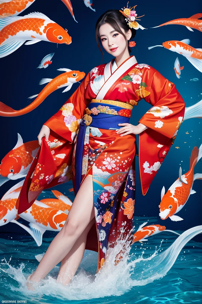 Create an image of a heavily made-up oiran wearing a kimono with koi fish designs. The koi fish on the kimono appear to be swimming and leaping out of the fabric, creating a surreal and dynamic effect.