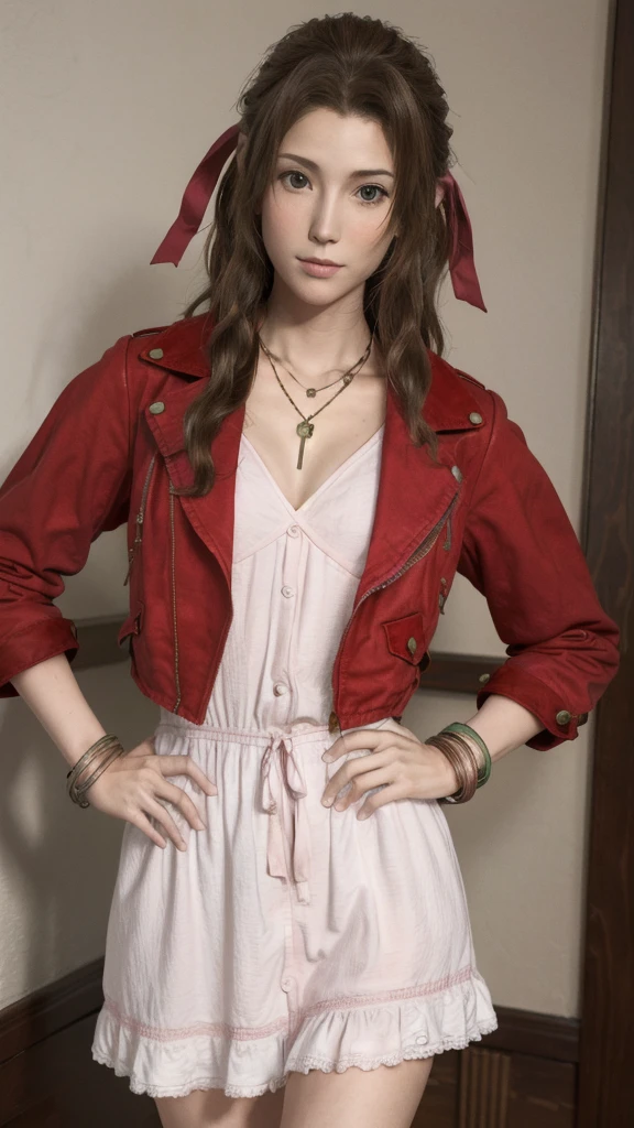 Highest quality,masterpiece,8k wallpaper,Absurd, High resolution, Super detailed, (One beautiful girl, alone:1.1),Aerith Gainsborough \(Cosplay\),red_Jacket, necklace,brown_hair,length_hair,bracelet,pink_dress,hair_ribbon,Hands on hips,