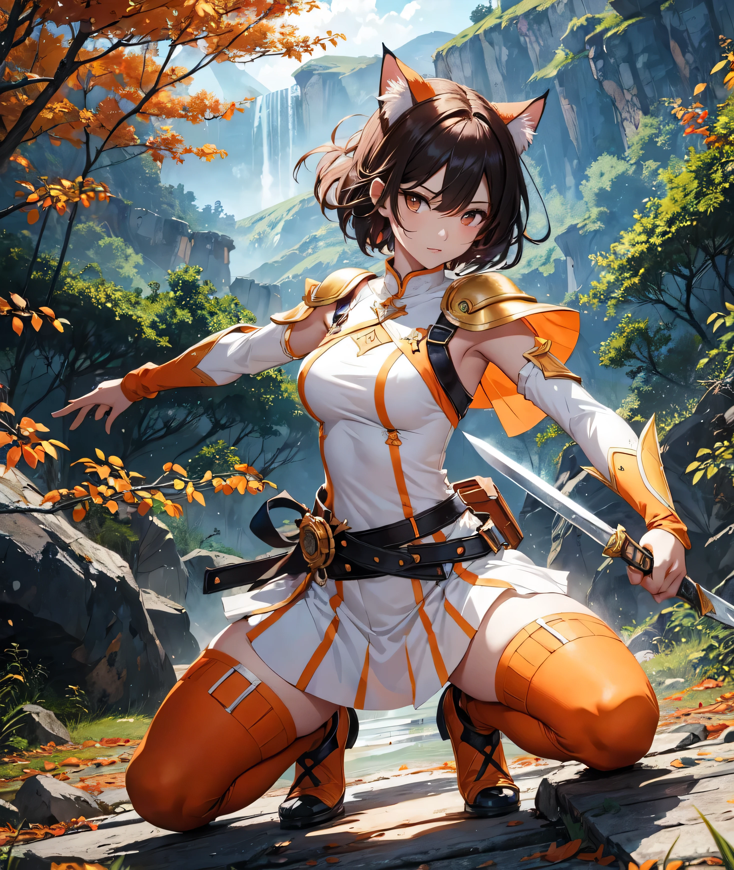beautiful and delicate girl, clear and beautiful, Make your character the main point of view, glowing skin, female, 20 years old, Short hair, shortcut, Short hair, Beautiful and delicate glass hair, 칼을 휘두르는 female warrior 포즈, 크고 colorful swords, weapon, Attack moves to defeat enemies, full body pose, two handed sword, big knife, colorful swords ((greek costume, 2 Costume colors, white background, Orange 패턴)) ((Clothes color White background, Orange 패턴)) ((Double color, White, Orange)) ((Use only two colors of clothing, White, Orange))beautiful and delicate eyes, Orange 눈, moderate chest, Orange 눈, real skin texture, Very nice 8KCG wallpaper, Very cool 8K CG wallpaper, Watercolor (middle), female warrior, 연한 Orange 머리카락, (((upper body cut))), (((Cat's ears dark 노란색))), (((dark, dark 밤, midnight))) (((nature background, mountain, wood))), ((outdoors)) Dynamic fighting stance with a sword, I can see my whole body, angle seen from a distance, Zoom out, 신foot, foot,