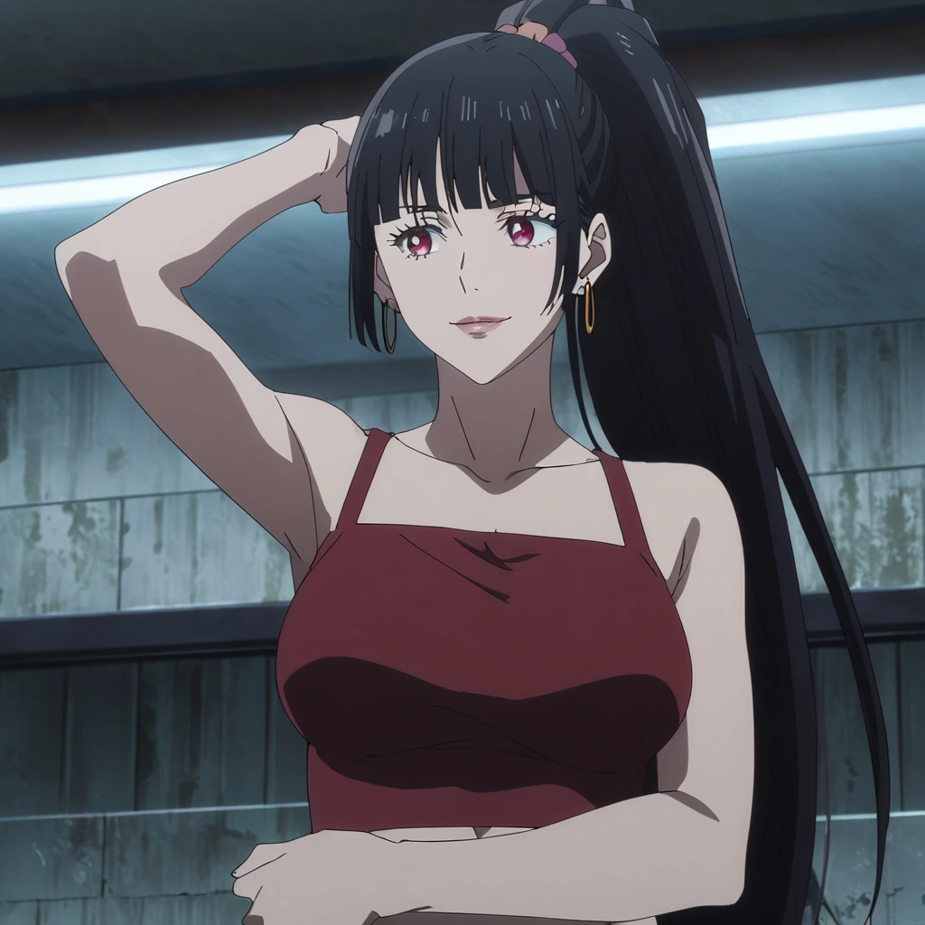 1girl, female gojo satoru, anime screencap from jujutsu kaisen, gojo satoru female version, solo, long_hair, Red eyes ((Black_hair)), night view, (hanging breasts) upper_body, smile, indoors, book, red_eyes, lips, (high ponytail) ((wearing red crop top)) breast, "very detailed and high resolution" (Red eyes) (cross arms) ((long hair)) ((solo)) (front view) (earings) ((high resolution)) ((good quality)) ((side bangs))