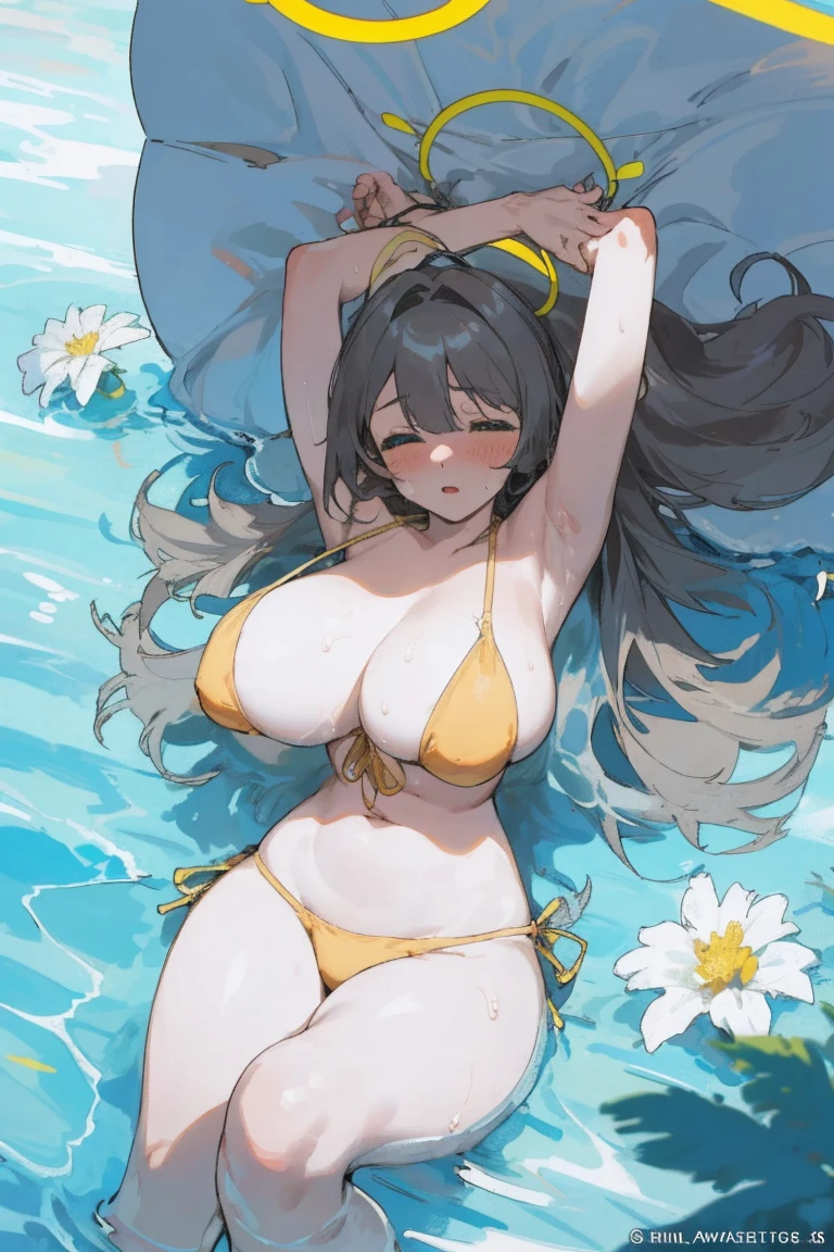 1 girl,Further details,Sleeping,Long hair,,Big saggy breasts,Eyes closed,innocent,bikini,White skin,Sweat,Flowers,Waterfront,Halo,Big thighs,With legs wide open,sleep