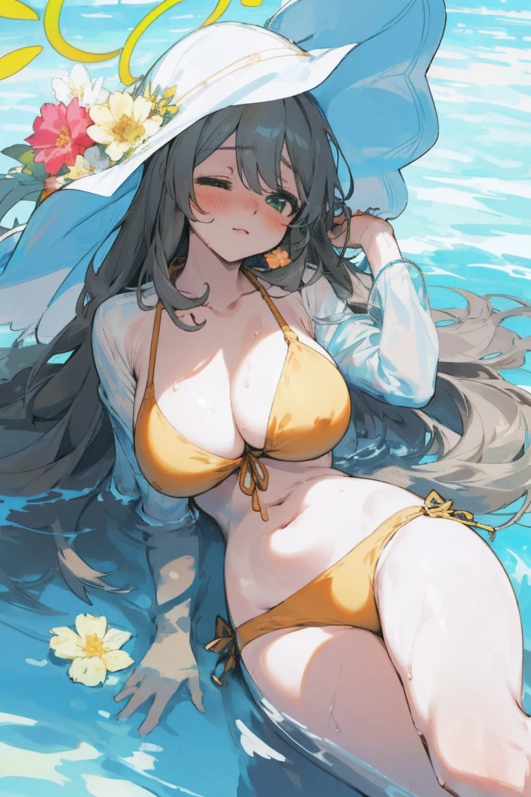 1 girl，Further details，Sleeping，Long hair，，Big saggy breasts，Eyes closed，innocent，bikini，White skin，Sweat，Flowers，Waterfront，Halo,Big thighs，With legs wide open，sleep