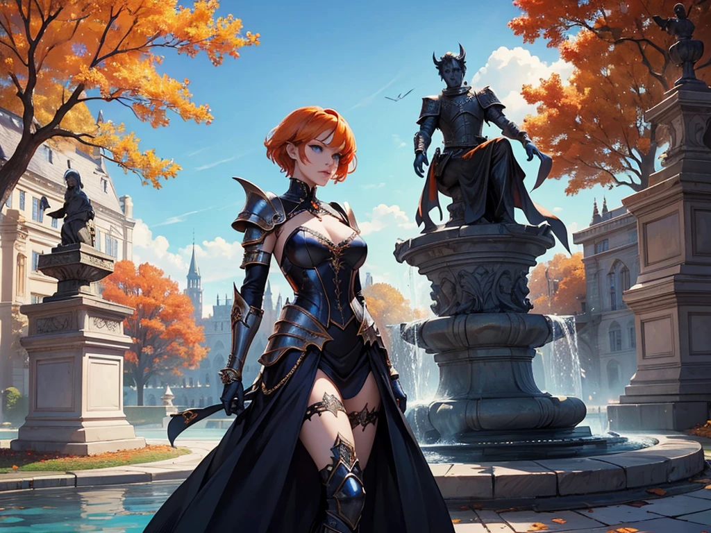 A beautiful and wonderful vampire woman, extremely detailed, short orange hair, wearing extremely detailed gothic armor, blue eyes in a fountain with statues in a medieval public square, palace, blue sky full of clouds and autumn trees.