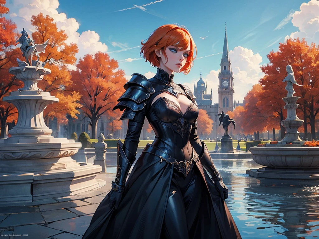 A beautiful and wonderful vampire woman, extremely detailed, short orange hair, wearing extremely detailed gothic armor, blue eyes in a fountain with statues in a medieval public square, palace, blue sky full of clouds and autumn trees.
