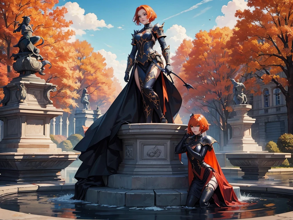 A beautiful and wonderful vampire woman, extremely detailed, short orange hair, wearing extremely detailed gothic armor, blue eyes in a fountain with statues in a medieval public square, palace, blue sky full of clouds and autumn trees.