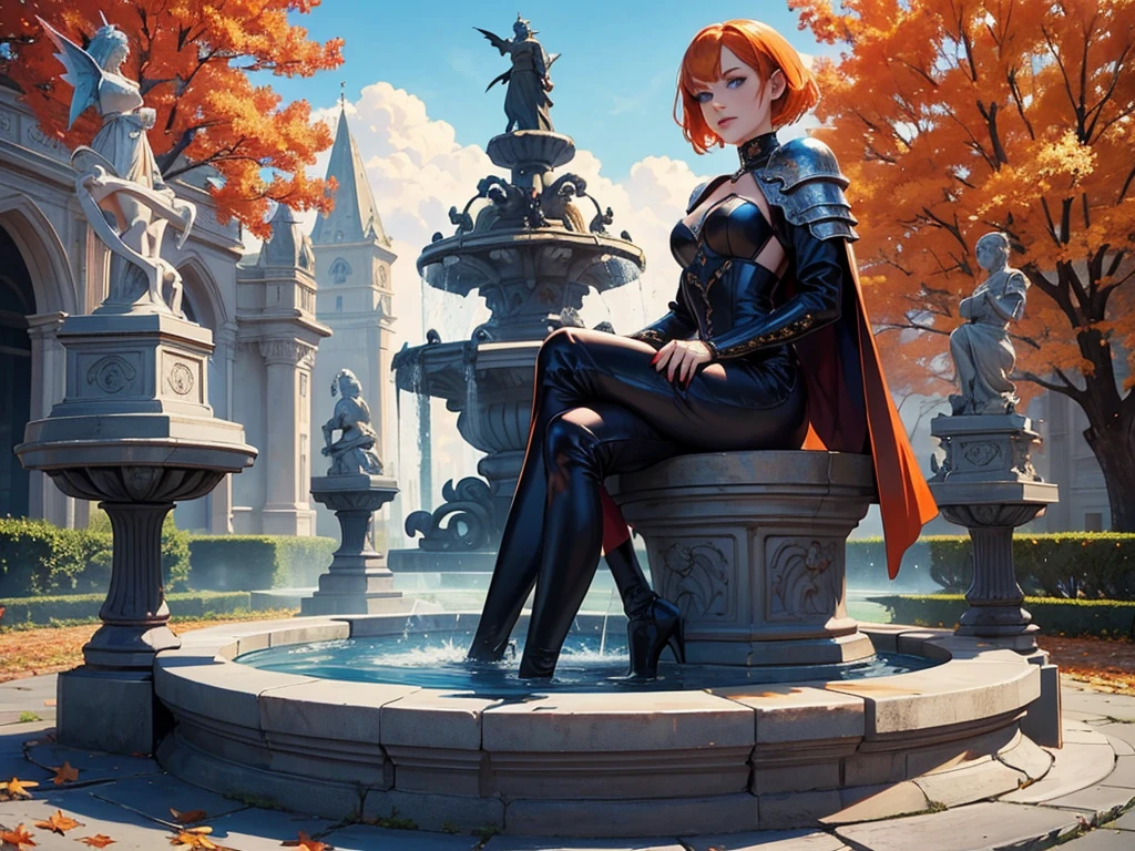 A beautiful and wonderful vampire woman, extremely detailed, short orange hair, wearing extremely detailed gothic armor, blue eyes in a fountain with statues in a medieval public square, palace, blue sky full of clouds and autumn trees.
