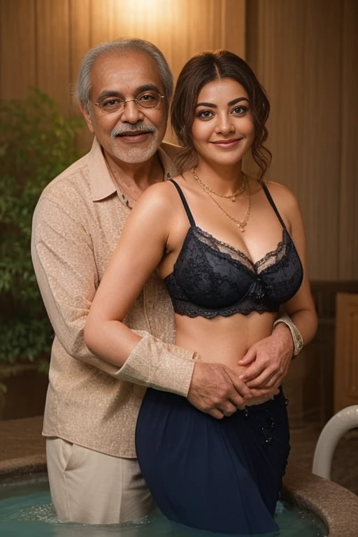 Day scene,kajal and Oldman, Indian black old man, couple pose, a Oldman and kajal in under the water fall, black lace bra and saree, detailed old man, old man gripping kajal waist,big cheeks, curvy, Hollywood lips, wet navel, deep cleavage, necklace, erotic face, 36 yo, ponytail, look at viewer and smile, (cinematic:1.3), intricate details, (ArtStation:1.2),Oldman and beautiful girl posing to viewers, detailed Oldman, old man waist gripping,