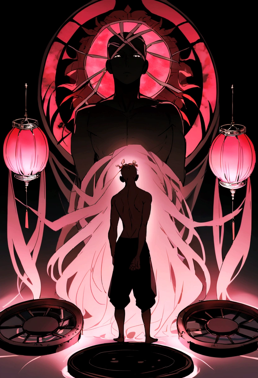 Red-skinned boy with a metal wheel on his forehead as a bandage, ankle-length pink hair, big, white eyes like saucers, as if they were two large lanterns but oval, no shirt, alone with an almost skeletal body, With two points like nasal roses, (and is in a pose facing the viewer with his back turned)