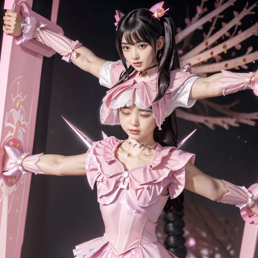 Highest quality, masterpiece, Very detailed, 8K, 14 year old beautiful Japanese woman:1.5, Small face, blunt bangs, Black hair ponytail, ((Woman crucified on the cross:1.5, Breast Augmentation Surgery)), (Detailed pink magical girl heroine costume:1.5), remote_play, remote_Vibrate、　(climax:1.5)