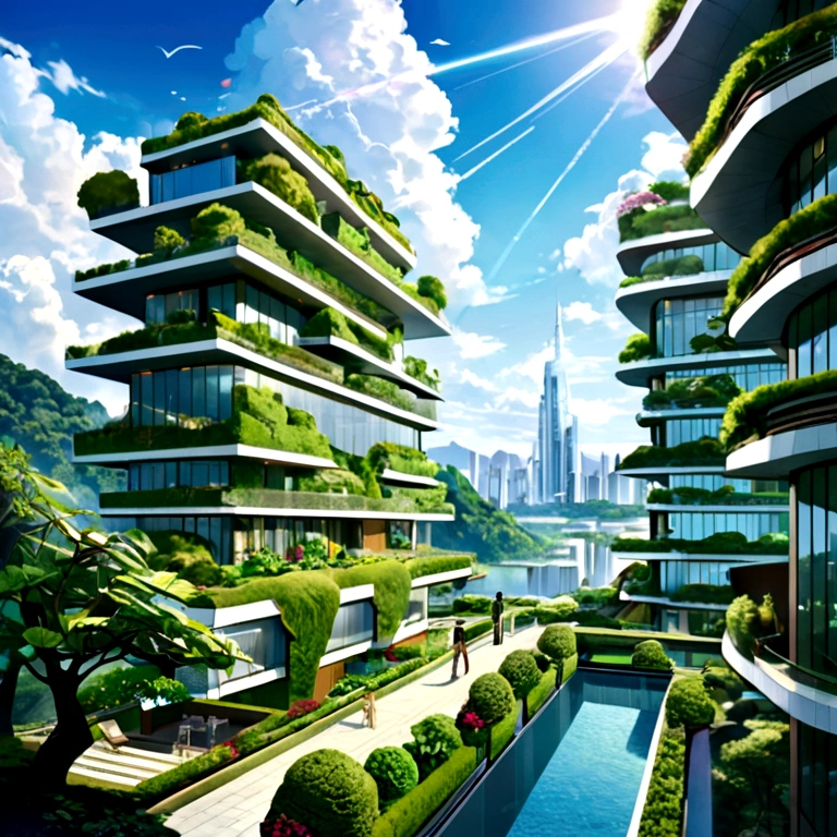 A world where lush vegetation and futuristic buildings coexist。Natural beauty and wonderful place to live。Future technology merges with the Earth、Building a better place to live。BREAK, perfect anatomy, masterpiece, best quality, 16K, beautiful detailed grow, daydreaming expression.