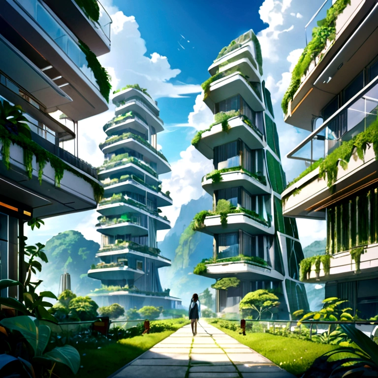 A world where lush vegetation and futuristic buildings coexist。Natural beauty and wonderful place to live。Future technology merges with the Earth、Building a better place to live。BREAK, perfect anatomy, masterpiece, best quality, 16K, beautiful detailed grow, daydreaming expression.