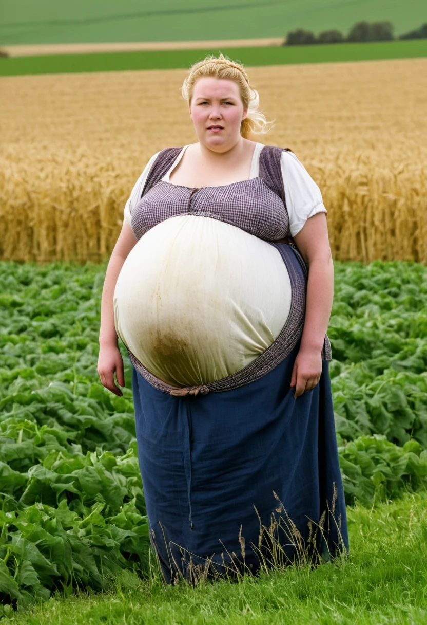 England, 1349. A young extremely obese pregnant ((((30-year-old)) Gwenda)), strong, rustic, in a farm field, ((scared and relieved expression)). ((((clothings from the 1340s)))), ((blond hairstyle of the 1340s))