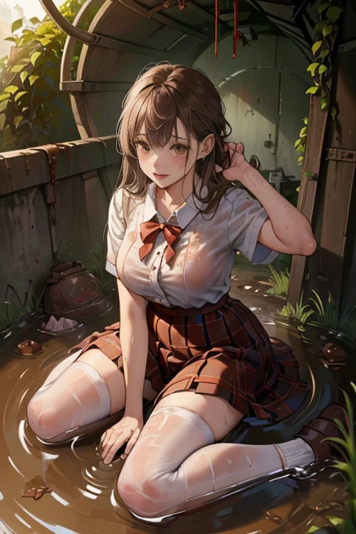 dirty white Pantyhose , School shoes, dirty white socks , waistband of skirt is at the point above chest , school girl big breast , red knot , red bow , skirt dark red , plaid skirt , pleated skirt , dirty white Shirt , realisitic、top-quality、crisp photos、((Brick underground tunnel、Foul-smelling sewer、Littered with filth、Sewage channels full of feces、a lot of garbage and junk、The dirtiest sewer))、Bricks are covered with moss、(( zombie face、dense dirty brown hair、Joy covered in filth、Glad to get dirty))、(dirty school girl uniform、Tangier、brawn hair)、Lying face down on filth 、Scoop out filth with both hands、Beautiful girl's hair is covered in mud、The joy of lying in dirty sewage))、(((I want to smear filth all over my body.、A large amount of sewage flows down the head、The whole body is full of filth 、a large amount of dirty garbage and waste , Heaps of garbage)) , zombie School girls , wet white shirt , A lot of Yellow saliva flowed from the mouth , Yellow saliva dripped down and stained her shirt , Yellow saliva ran down her shirt