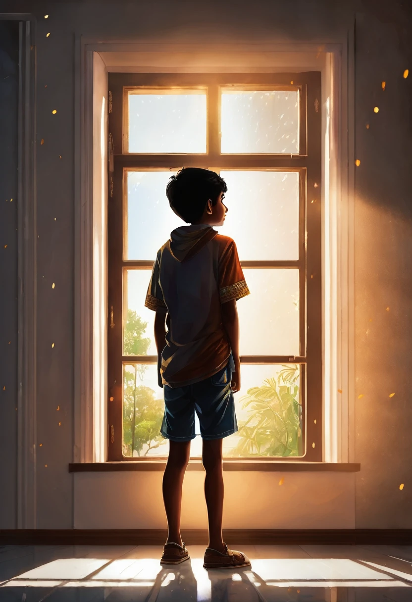 A young indian boy standing near a window, light rays falling on him and light rays falling on the room floor, the boy is deeply thinking about something,digital art